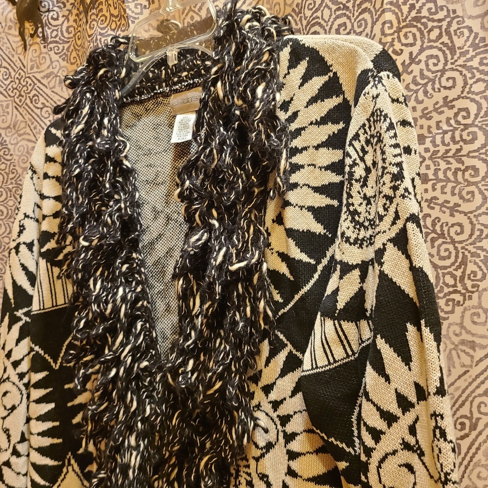 Chico's Cardigan Women Plus Size 3 Black Silk Cotton Sunburst Fringe Open Front - Picture 4 of 9